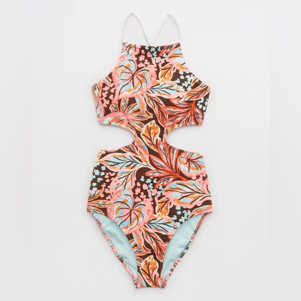Aerie Buzzed Terry Halter‎ Cut Out One Piece Swimsuit size large nwt